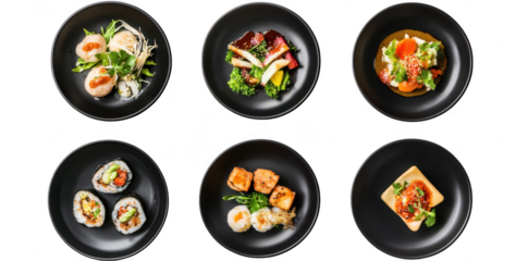 A beautifully arranged assortment of sushi and fresh vegetables served in elegant black bowls. colors and textures. perfect for a culinary presentation or food blog