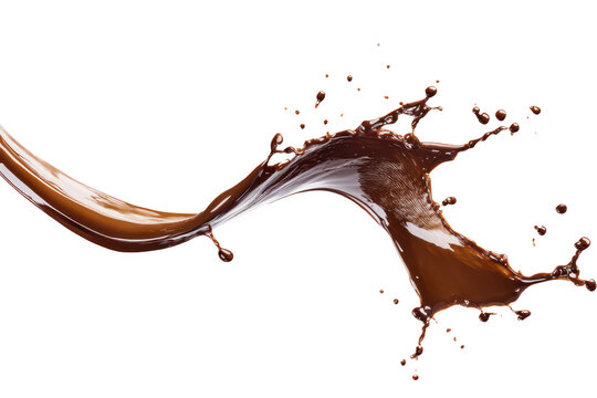 A dynamic splash of rich chocolate flowing gracefully against a clean white background. capturing the essence of indulgence and culinary creativity. perfect for dessert-related content
