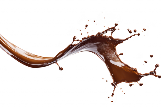 A dynamic splash of rich chocolate flowing gracefully against a clean white background. capturing the essence of indulgence and culinary creativity. perfect for dessert-related content