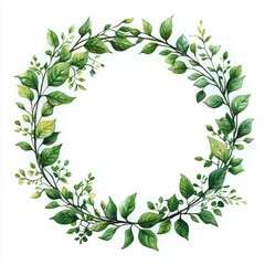 Naklejka premium Circular watercolor green leaf wreath with intertwined stems, small buds and varied foliage on white background, evoking calm fresh natural serenity and elegant simplicity