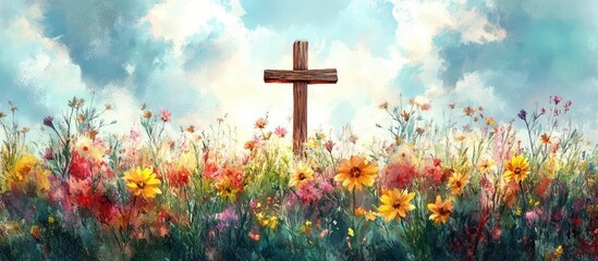 wooden cross in a sunlit wildflower meadow beneath a bright cloudy sky, peaceful and hopeful