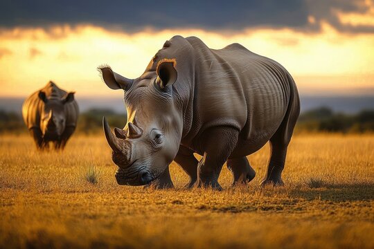 Two rhinoceroses grazing on golden grassland at sunset, majestic and calm under a dramatic sky