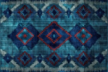 woven blue and teal geometric rug with red diamond motifs and cream fringed edges, cozy artisanal texture