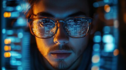 Close-up side profile of a person wearing glasses surrounded by blue and orange glowing digital displays, focused and contemplative expression