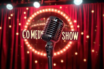 vintage microphone on center stage with illuminated circular marquee, red velvet curtains and spotlights, evoking lively nostalgic anticipation for a comedy show