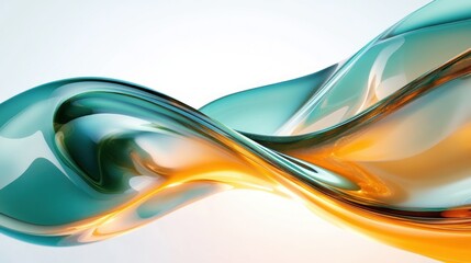 intertwined glossy teal and amber glass-like ribbons flowing in graceful dynamic motion on a clean background