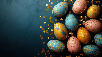 Elegant pastel decorated eggs with gold glitter patterns and scattered gold confetti on a dark teal surface, festive celebratory mood