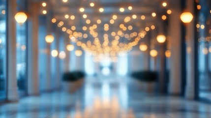 blurred elegant corridor with string lights and warm hanging globes, reflective polished floor, rows of columns and a dreamy cozy atmosphere