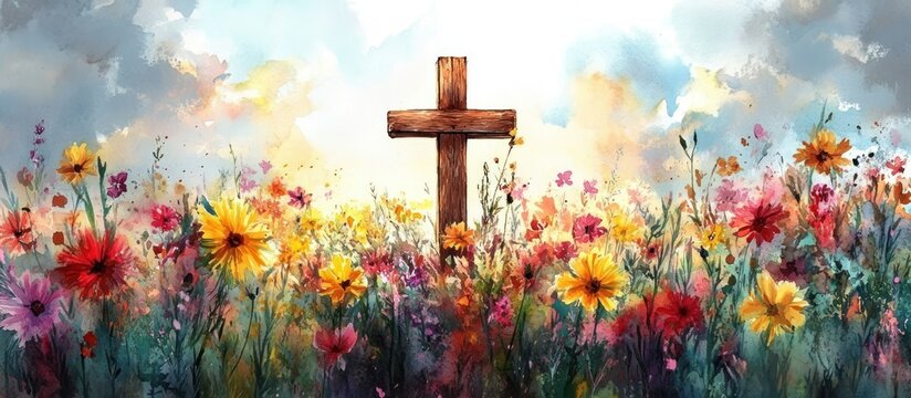 Wooden cross standing in a colorful wildflower meadow beneath a glowing sky, watercolor blossoms and warm light evoking peaceful hopeful serenity