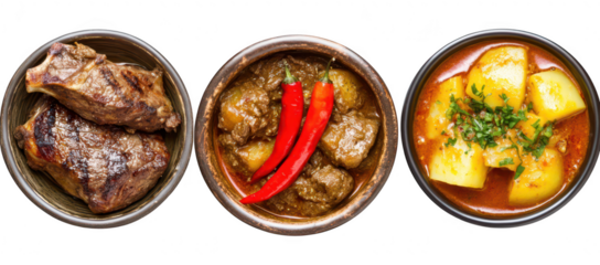 A display of three traditional dishes featuring succulent grilled meat. a spicy beef stew with red chilies. and a savory potato dish. set against a clean white background ideal for culinary showcases