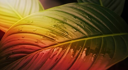 Vibrant tropical leaf surface displays glistening dew drops under dramatic colored illumination