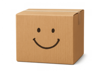 Cardboard delivery box smiling, representing happy shipping, cheerful customer service, and satisfaction concept