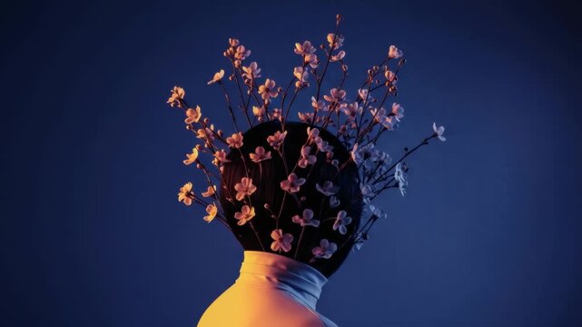 Artistic portrait of a mysterious figure with a head of blooming flowers in dramatic lighting. Surreal concept representing personal growth, mental health, and inner beauty