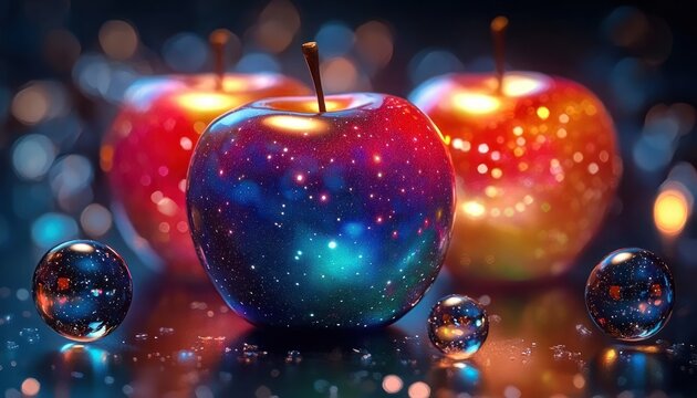 Three glossy apples with galaxy-like starfield patterns and small reflective glass marbles on a shimmering bokeh surface, evoking wonder and magical curiosity