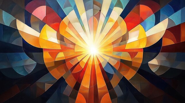 A glowing geometric heart with outstretched wing-like shapes and a bright central sunburst painted in warm orange and yellow stained-glass hues conveying hope and joy - Powered by Adobe