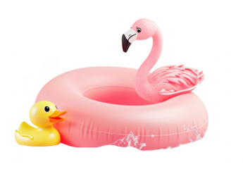 A pink flamingo float and a cheerful yellow rubber duck are playfully interacting in a serene pink water setting. creating a whimsical summer vibe perfect for playful marketing campaigns