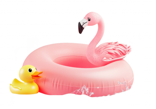 A pink flamingo float and a cheerful yellow rubber duck are playfully interacting in a serene pink water setting. creating a whimsical summer vibe perfect for playful marketing campaigns