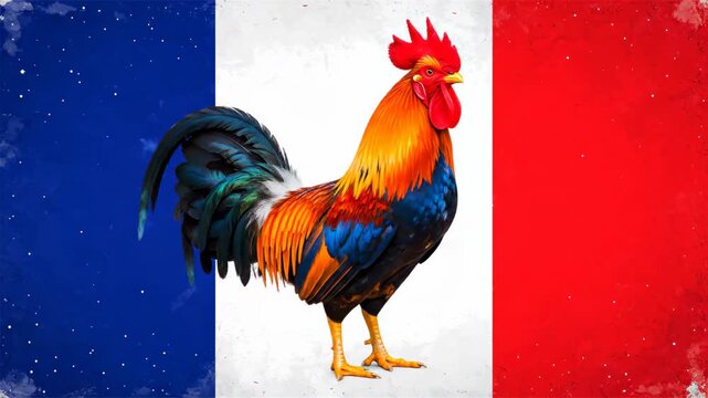 Gallic Rooster National Symbol of France on Tricolor Flag.