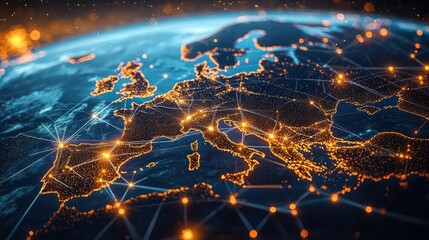 Nighttime satellite view of Europe on a curved globe with glowing orange city points, interconnected lines and mesh overlay conveying a futuristic, connected energy