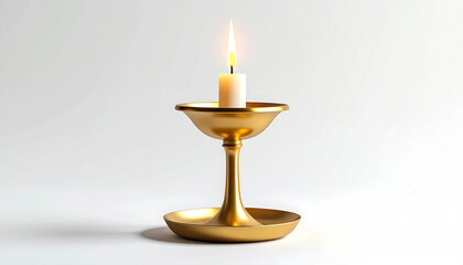 Fototapeta premium Lit candle in gold candlestick on white background.