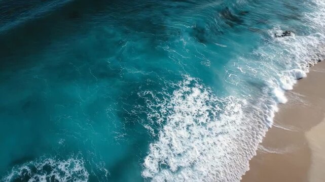 Aerial view of turquoise ocean waves crashing on sandy beach with white foam creating natural patterns