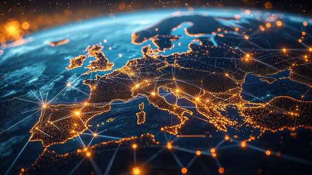 Nighttime satellite view of Europe on a curved globe with glowing orange city points, interconnected lines and mesh overlay conveying a futuristic, connected energy - Powered by Adobe