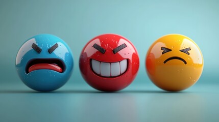 Three glossy angry emoticon spheres in blue, red and yellow showing rage, gritted teeth and scowls on a soft teal background