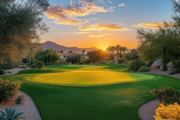 Sunset over a manicured golf putting green with a lone flag, palm trees, desert plants, rock landscaping and distant mountains bathed in warm golden light, peaceful