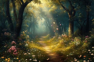 sunlit winding forest path through tall trees and wildflower meadow with butterflies and misty rays, serene and enchanting atmosphere