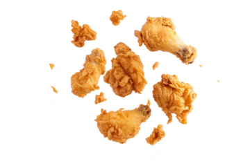 A dynamic arrangement of crispy. golden-brown fried chicken drumsticks scattered artistically against a clean white background. perfect for food-related advertising or culinary blogs