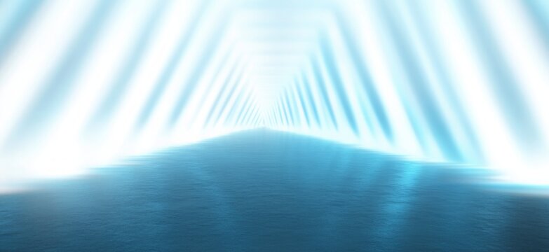 glowing blue triangular tunnel with repeating light beams over a reflective waterlike floor, serene futuristic corridor with deep vanishing perspective