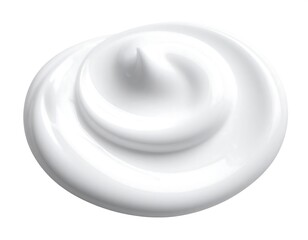 A swirl of thick, shiny, white cream, elegantly coiled and glossy against a plain white backdrop, appears smooth