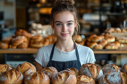 young baker in apron standing behind a counter of crusty artisanal loaves in a warm inviting bakery, proud and welcoming - Powered by Adobe