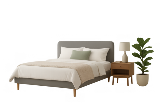 Modern bedroom interior with comfortable bed, wooden nightstand, table lamp, and houseplant on transparent background