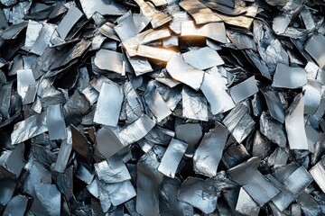 pile of shiny silver metal flakes and irregular shards with reflective surfaces, small warm glint and a cold industrial mood