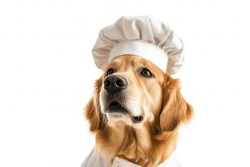 A golden retriever dressed as a chef. wearing a traditional white chefs hat and coat. posing confidently against a plain white background. evoking a playful and whimsical culinary theme