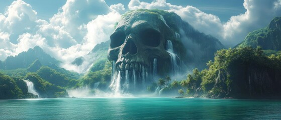 Gigantic skull-shaped mountain with cascading waterfalls on a misty tropical island, lush green cliffs and turquoise sea under dramatic clouds, evoking eerie wonder and adventure