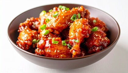 Savory and crispy Korean fried chicken wings and drumettes, generously coated in a sticky red gochujang sauce and served in a dark bowl
