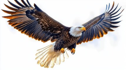 Obraz premium majestic bald eagle soaring with outstretched wings and extended talons, fierce focused gaze against a clean white background