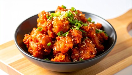 Fototapeta premium A close-up shot of crispy Korean fried chicken coated in a sticky, sweet and spicy gochujang sauce, served in a black bowl and garnished with sesame seeds