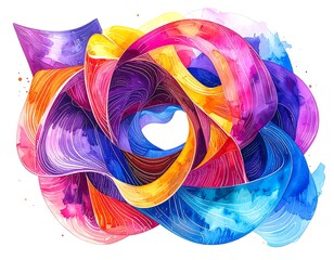 Abstract fluid art. A mix of warm & cool watercolor-like ribbons twist and flow together on a plain, white background
