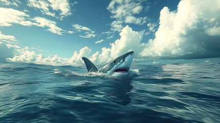 Shark breaching the open ocean with jaws exposed and water splashing beneath a dramatic cloudy sky, conveying tension, danger and raw wild power