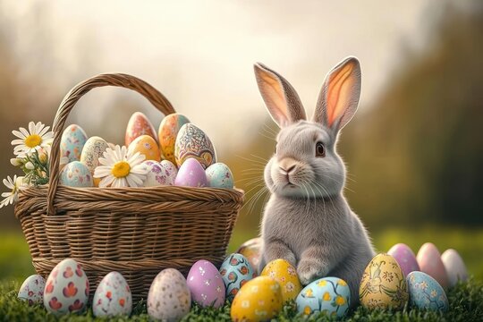 fluffy gray rabbit sitting beside a wicker basket of colorful painted eggs and daisies on a sunlit grassy field, evoking cheerful springtime joy - Powered by Adobe