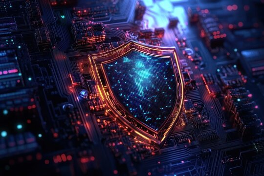 glowing digital shield embedded in a neon circuit board with blue and orange lights conveying vigilance and high-tech cybersecurity protection