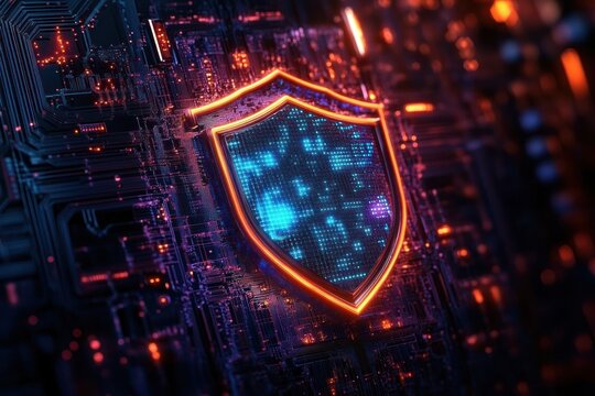 Glowing digital shield with pixelated blue core and orange rim resting on a neon circuit board, conveying futuristic protection and secure technology