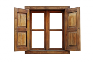 A beautifully crafted wooden window with open shutters. natural wood grain. set against a clean white wall. perfect for home decor and architectural design inspiration