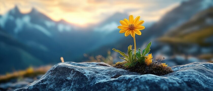 single yellow wildflower sprouting from rocky crevice with moss against misty mountain sunrise, evoking resilience and quiet hope - Powered by Adobe