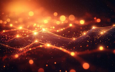 Glowing orange particle landscape with wireframe waves, shimmering bokeh lights and starry depth conveying warm futuristic wonder