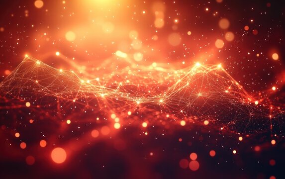 Glowing orange digital mesh landscape of interconnected points and lines with floating particles and bokeh lights, evoking warm futuristic energy and motion