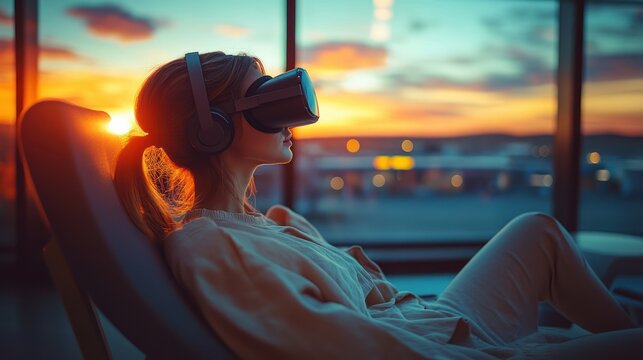 Young woman reclining in a lounge chair wearing a virtual reality headset and headphones by a large window at sunset, city lights blurred, calm and immersed